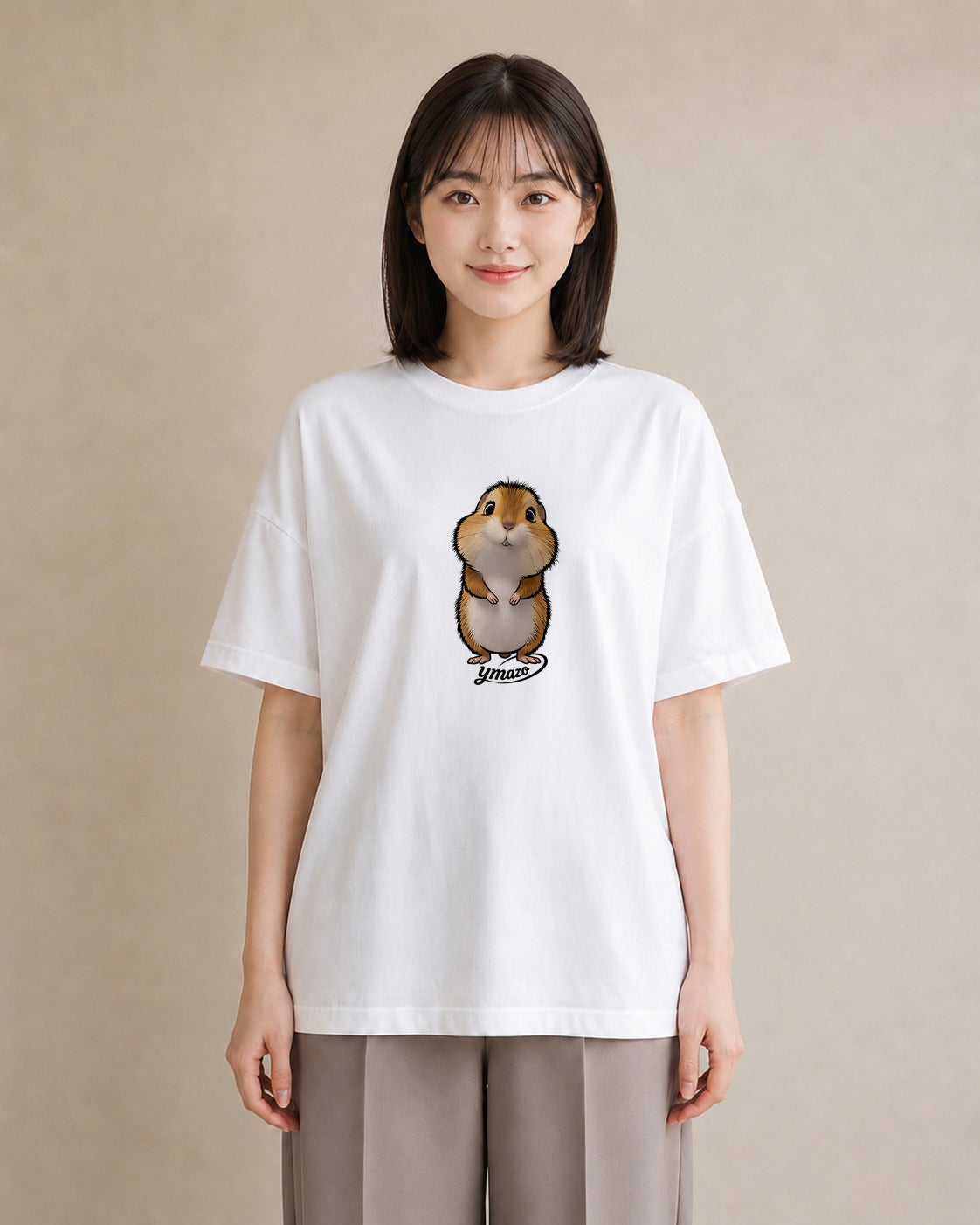 半袖Tシャツ レディース キンクマハムスター ペット 動物 イラスト 上品 親子 20代 白T YMAZO