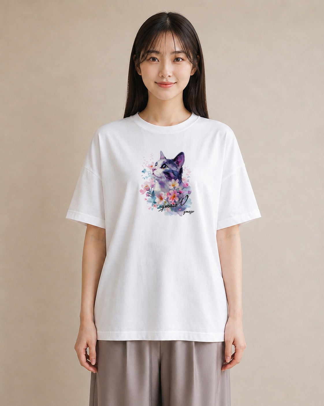 半袖Tシャツ レディース 三毛猫 みけねこ 三毛 猫 ねこ イラスト 旅行 母娘コーデ 白T YMAZO