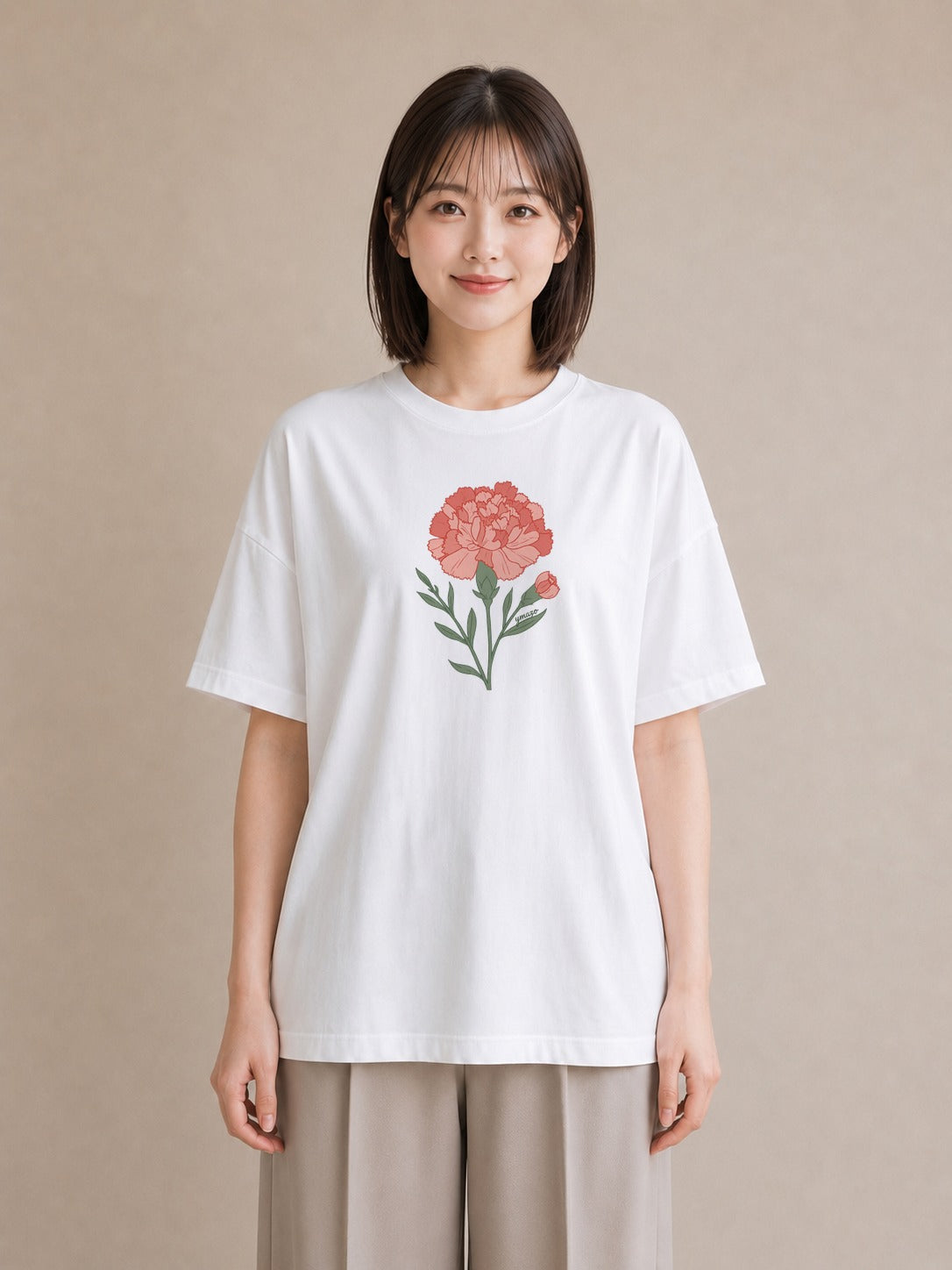プリントTシャツ レディース カーネーション 花 花柄 イラスト 線画 通勤 在宅 白T