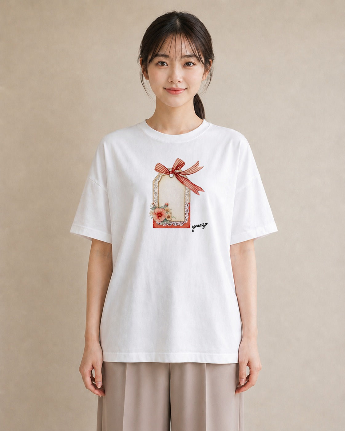 プリントTシャツ レディース 手鏡 アンティーク レトロ ナチュラル イラスト アート風 ビーチ デイリーウェア 白T YMAZO