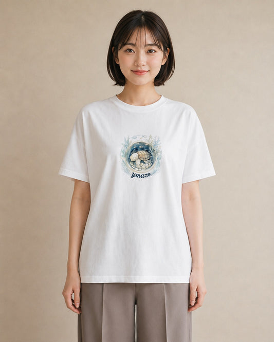 デザインTシャツ レディース ウミガメ 海の生き物 海 イラスト 抜け感 ビーチ デイリーウェア 白T YMAZO