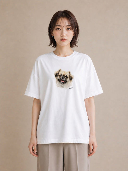 デザインTシャツ レディース 狆 犬 いぬ イラスト ヴィンテージ風 海 カフェ巡り 白T YMAZO