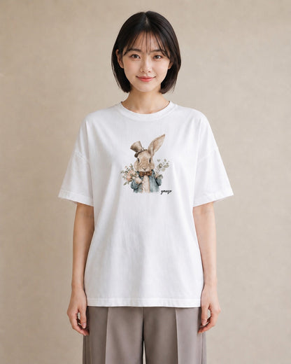 デザインTシャツ レディース ライオンラビット ペット 動物 イラスト 旅行用 海 白T YMAZO