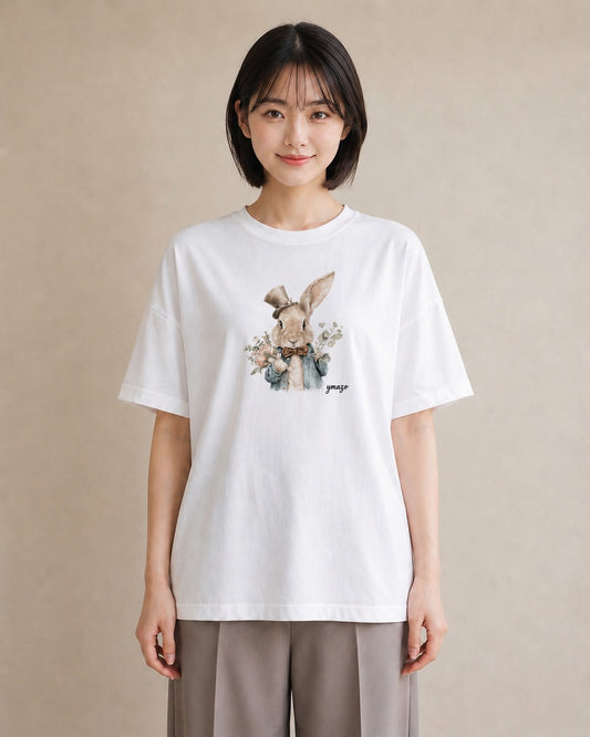 デザインTシャツ レディース ライオンラビット ペット 動物 イラスト 旅行用 海 白T YMAZO