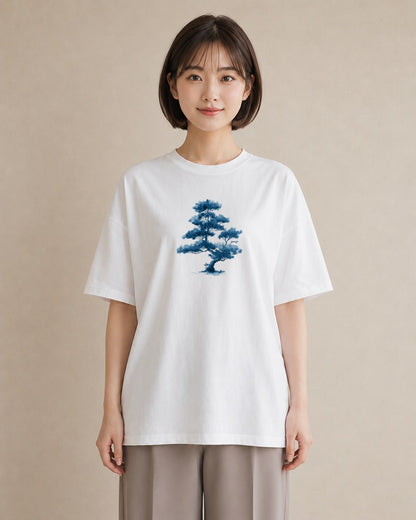 半袖Tシャツ レディース 青の水彩 風景 ブルー ナチュラル アンティーク イラスト ママ カフェ服 白T YMAZO
