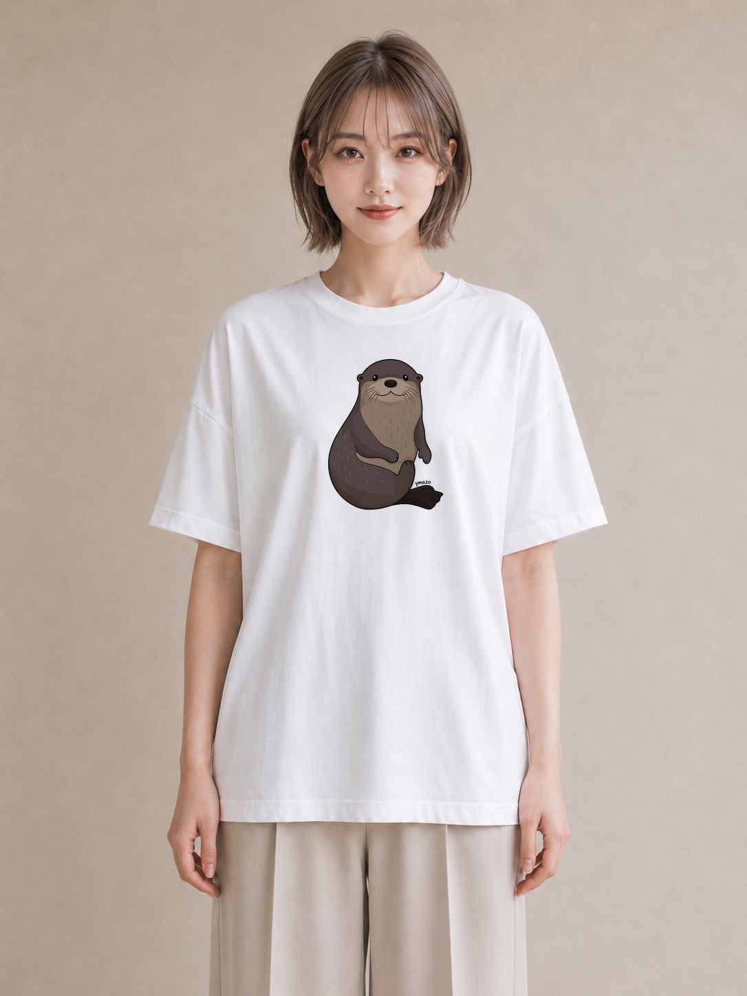 プリントTシャツ レディース カワウソ 動物 アニマル イラスト フェミニン 綿100 デート 白T YMAZO