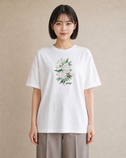 プリントTシャツ レディース 椿 花 花柄 イラスト シック ギフト 母の日 白T YMAZO