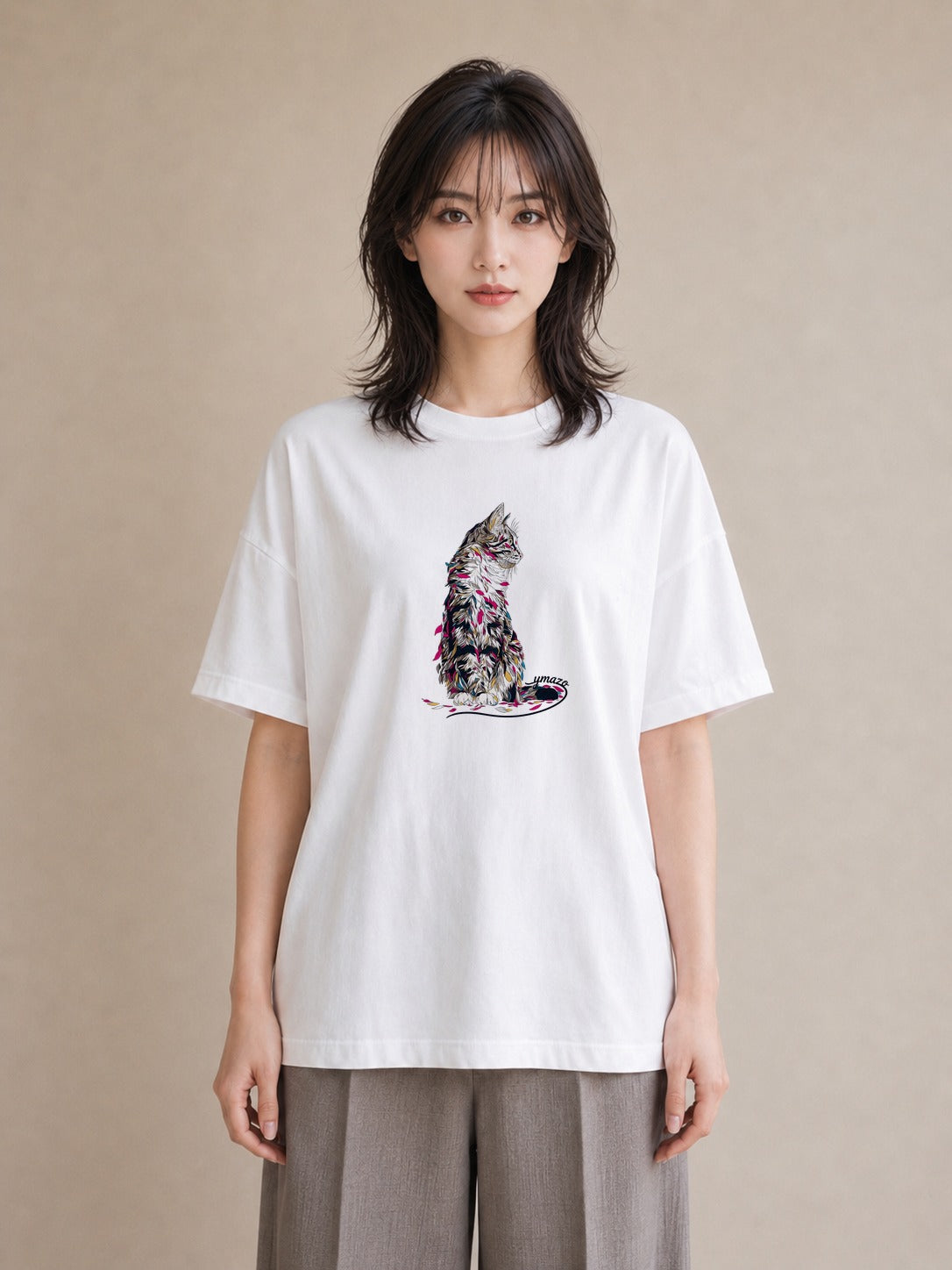Tシャツ レディース メインクーン 猫 ねこ イラスト 可愛い 部屋着 女性向けギフト 白T YMAZO