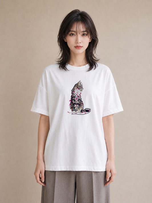 Tシャツ レディース メインクーン 猫 ねこ イラスト 可愛い 部屋着 女性向けギフト 白T YMAZO
