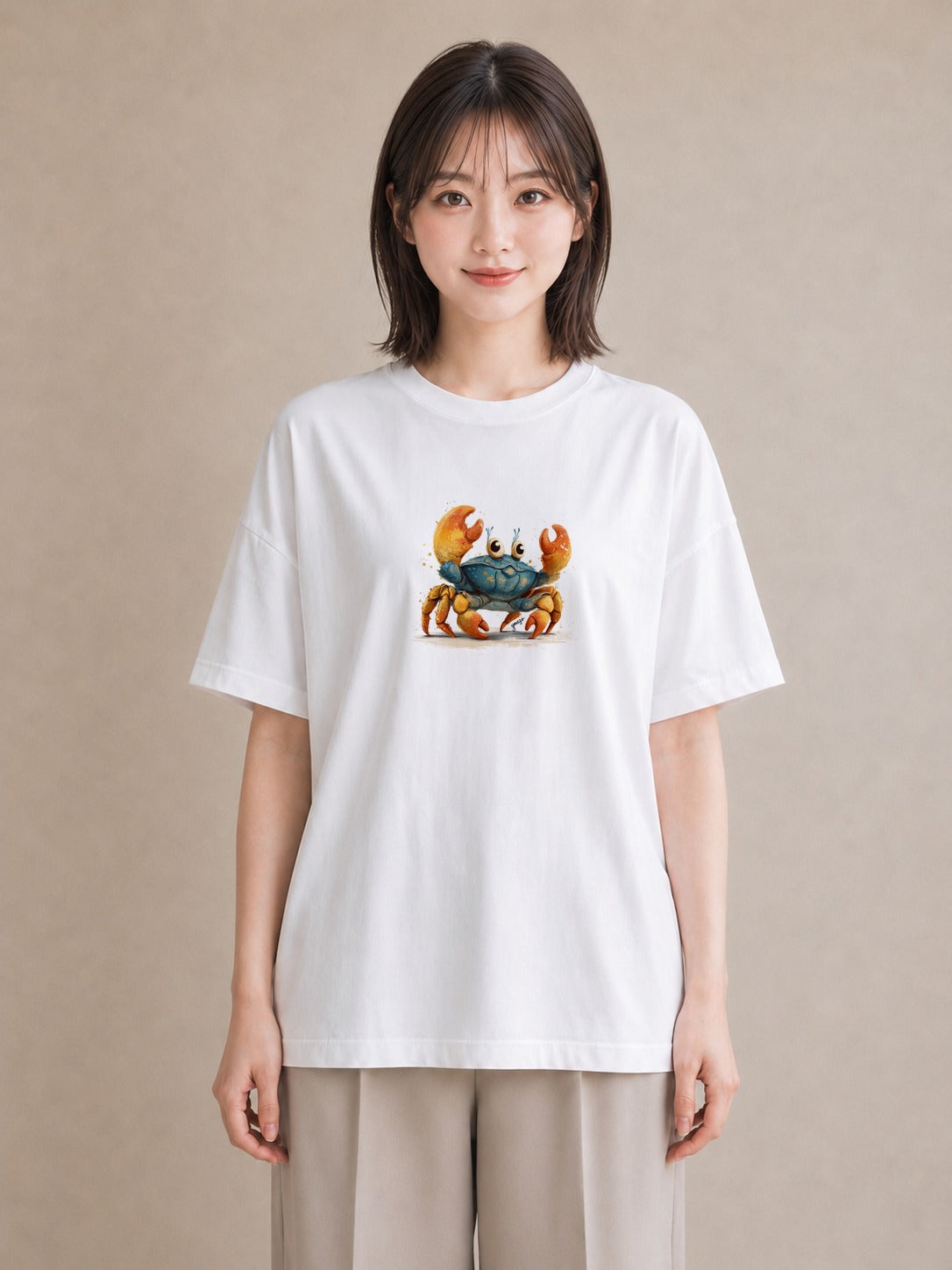 半袖Tシャツ レディース ヤドカリ 海の生き物 海 イラスト フェミニン ママ カフェ服 白T YMAZO
