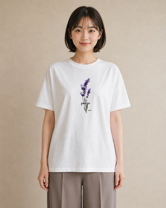 半袖Tシャツ レディース ラベンダー 花 花柄 イラスト 韓国風 綿100 デート 白T YMAZO