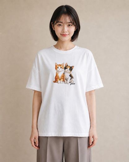 Tシャツ レディース ぶち猫 猫 ねこ イラスト ボタニカル 買い物 夏コーデ 白T YMAZO