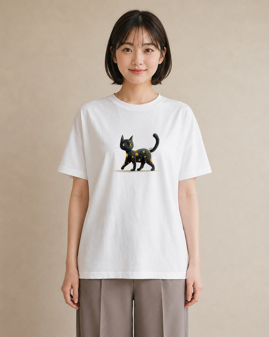 グラフィックTシャツ レディース 黒猫 猫 ねこ イラスト 送別ギフト 通勤 白T YMAZO