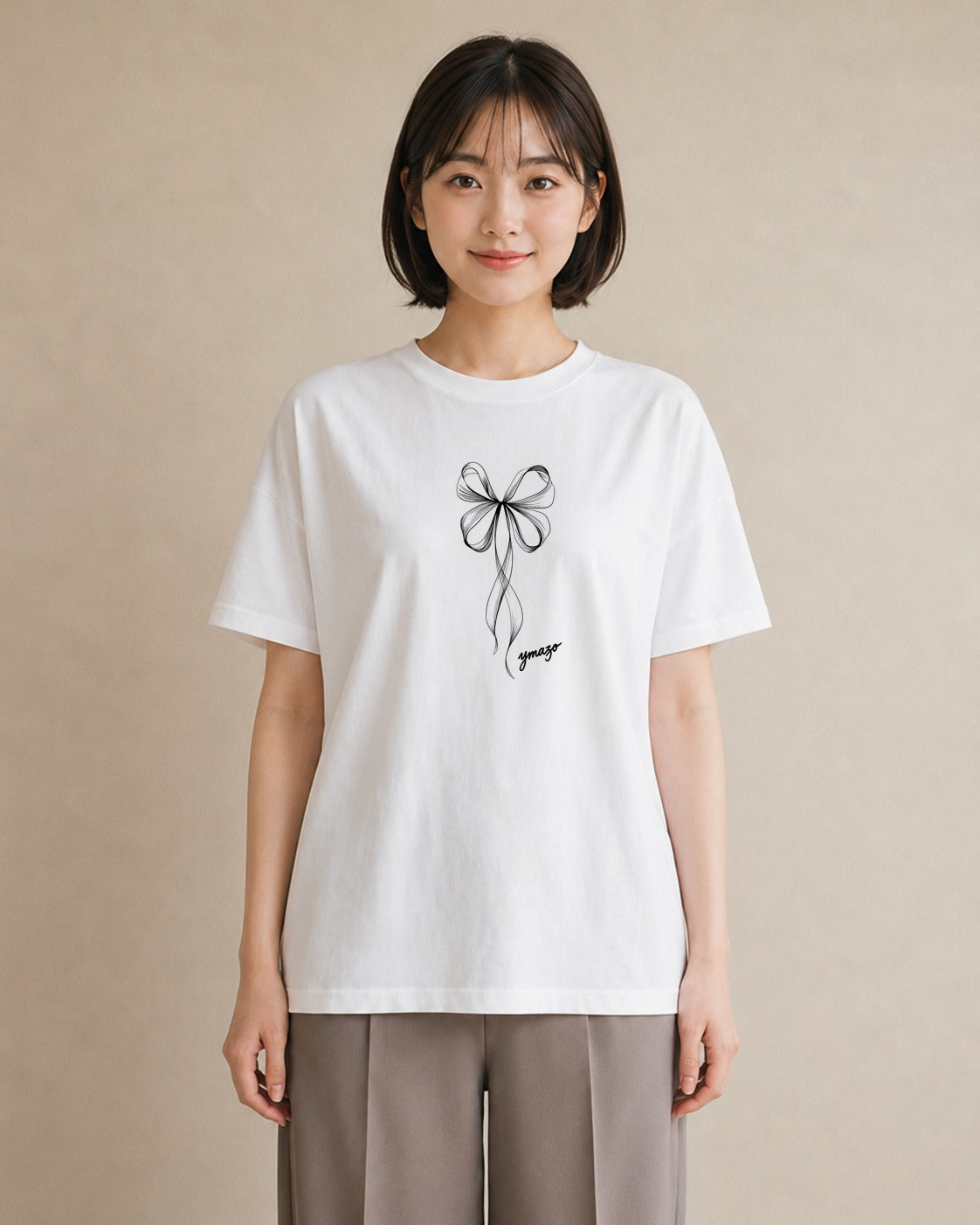 Tシャツ レディース リボン ボウ りぼん イラスト 普段使い デート 帰省 白T YMAZO