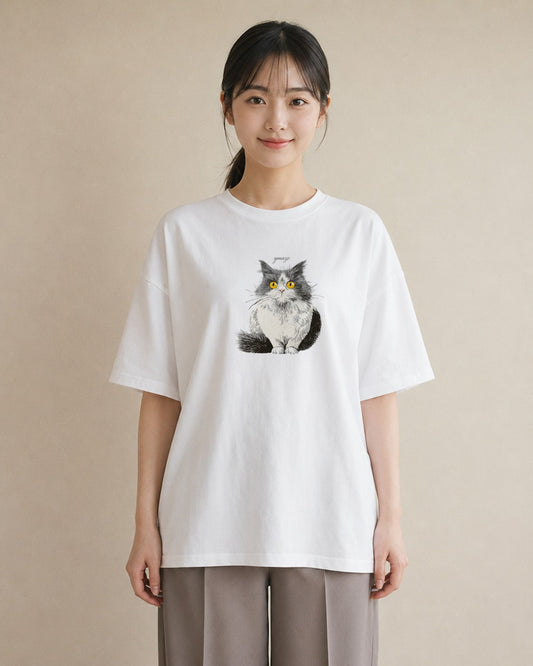 プリントTシャツ レディース 靴下猫 猫 ねこ イラスト 上品 海 カフェ巡り 白T YMAZO