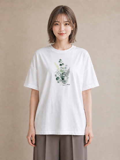 デザインTシャツ レディース シダ 植物 ボタニカル イラスト カジュアル 春服 ミセス 白T YMAZO