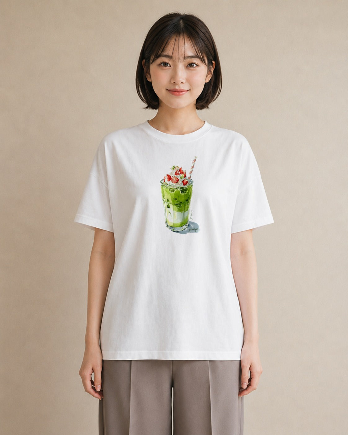 デザインTシャツ レディース 抹茶 食べ物 フード イラスト ペアコーデ 秋コーデ 白T YMAZO