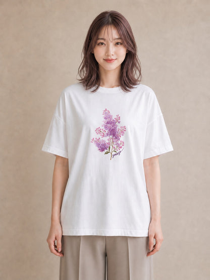 半袖Tシャツ レディース ラベンダー 花 花柄 イラスト 散歩 お出かけ 白T