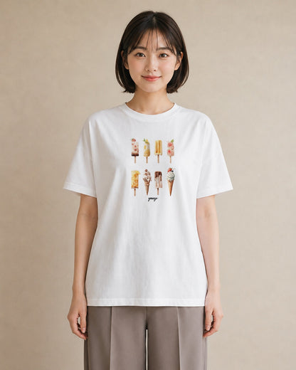 プリントTシャツ レディース ソフトクリーム 食べ物 フード イラスト カフェコーデ 休日 ペアコーデ 白T YMAZO