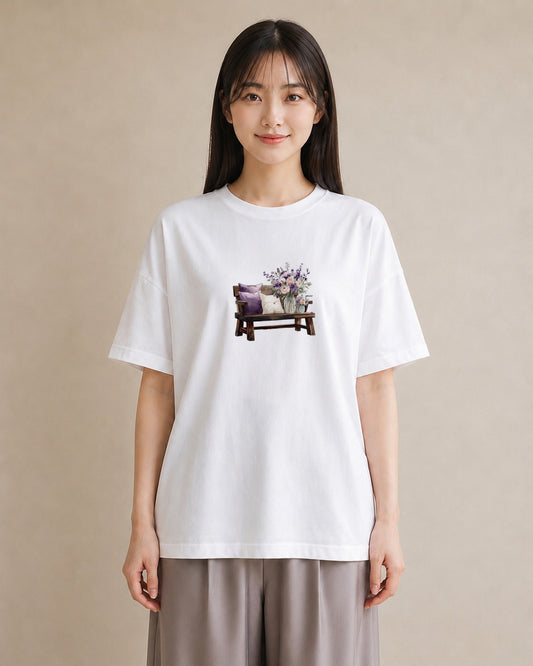 Tシャツ レディース 雨上がりのベンチ ベンチ ナチュラル アンティーク イラスト ミニマル 自分用 ルームウェア 白T
