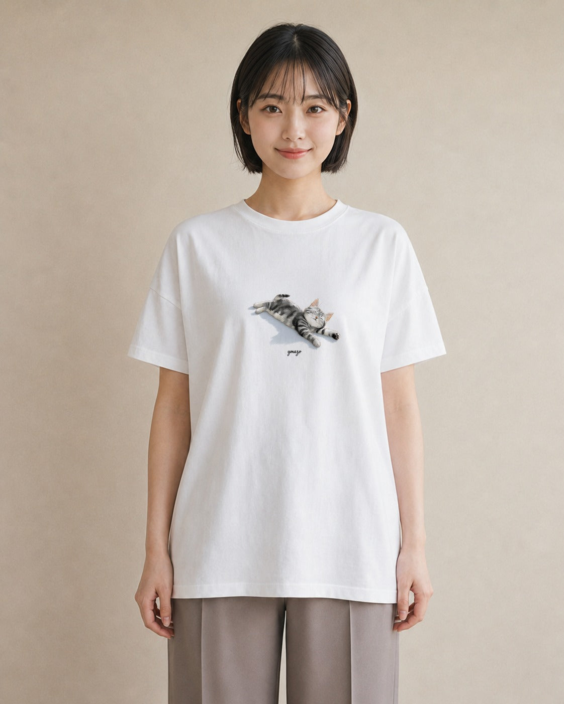 デザインTシャツ レディース 猫の手 猫 ねこ イラスト 水彩風 散歩 お出かけ 白T YMAZO