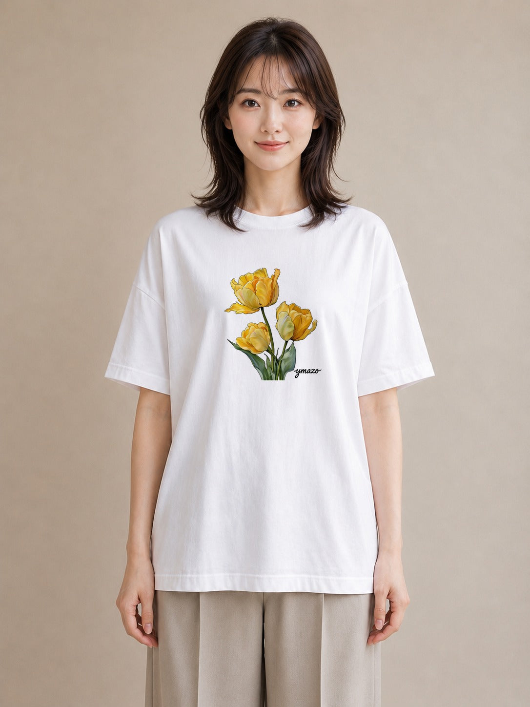 プリントTシャツ レディース チューリップ 花 花柄 イラスト ラフ 女性向けギフト 散歩 白T YMAZO
