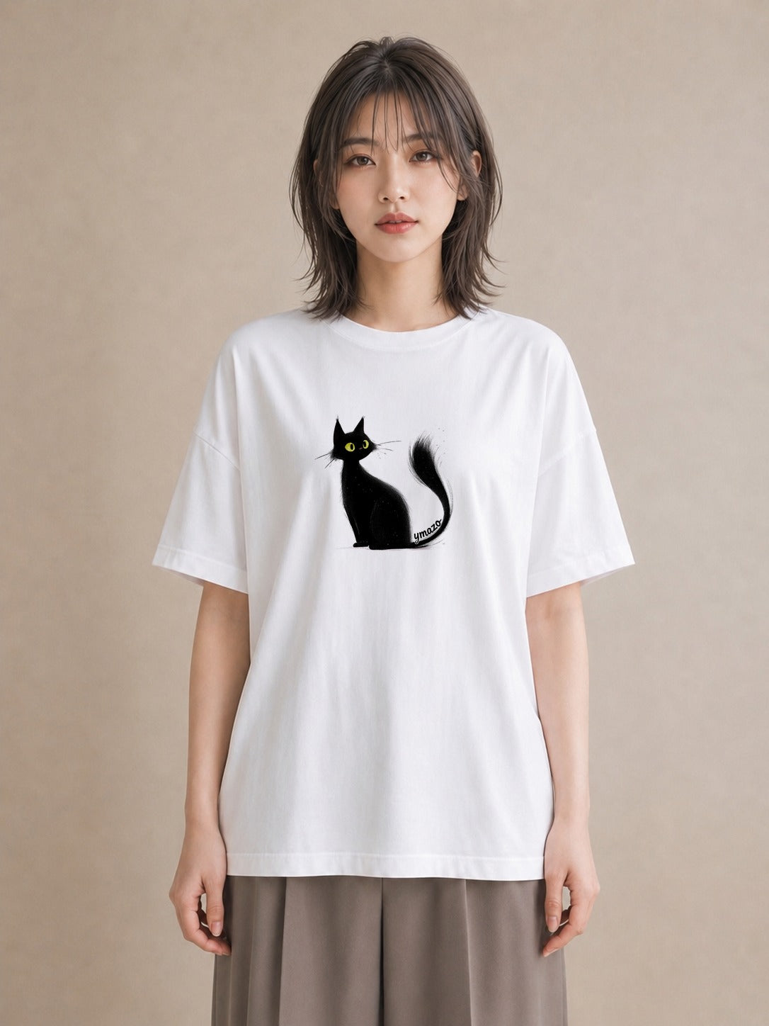 Tシャツ レディース 黒猫 猫 ねこ イラスト 上品 週末コーデ 敬老の日 白T YMAZO