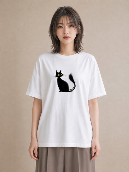 Tシャツ レディース 黒猫 猫 ねこ イラスト 上品 週末コーデ 敬老の日 白T YMAZO