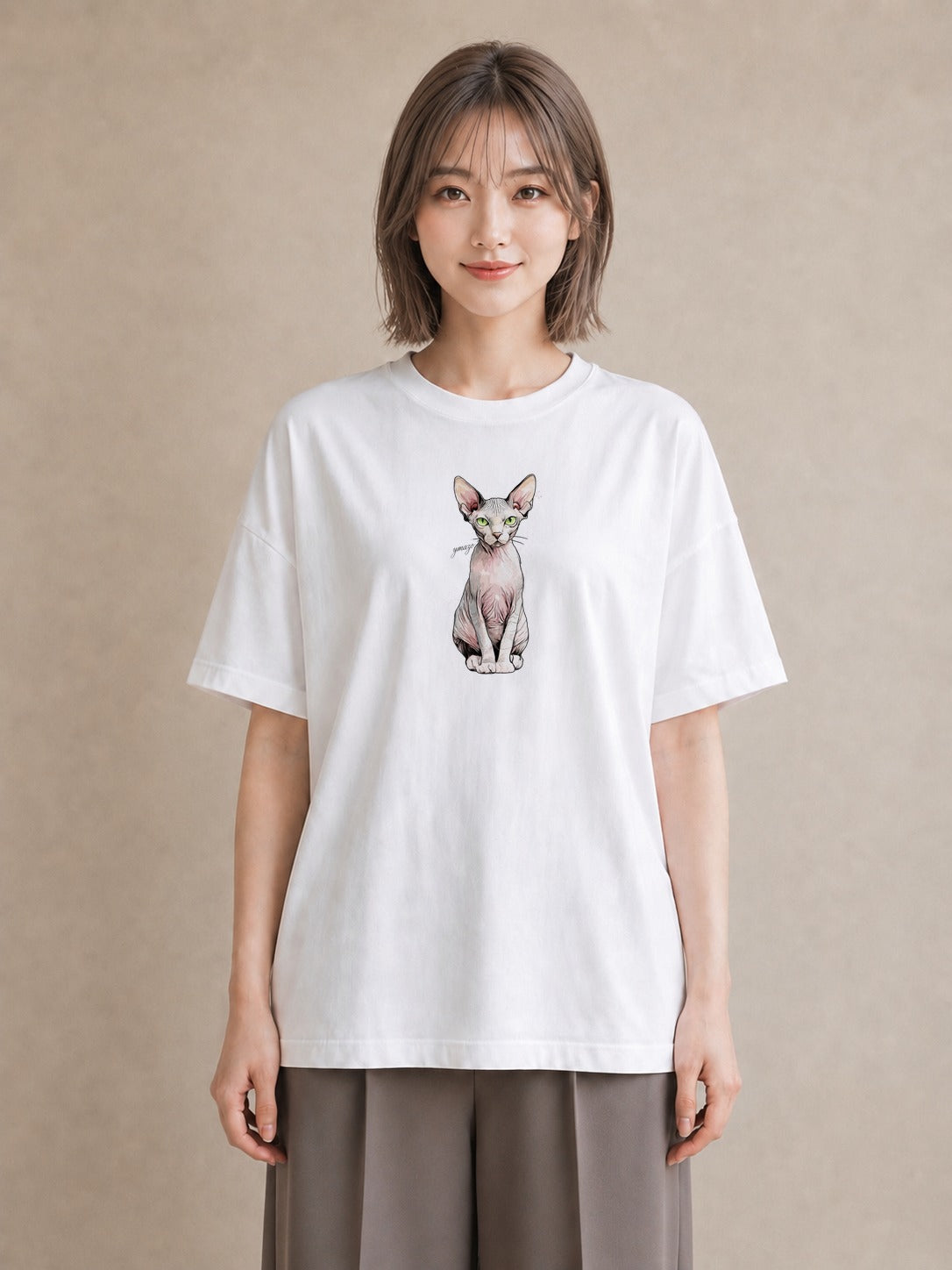 グラフィックTシャツ レディース おすわり猫 猫 ねこ イラスト きれいめカジュアル デイリーウェア 休日 白T YMAZO