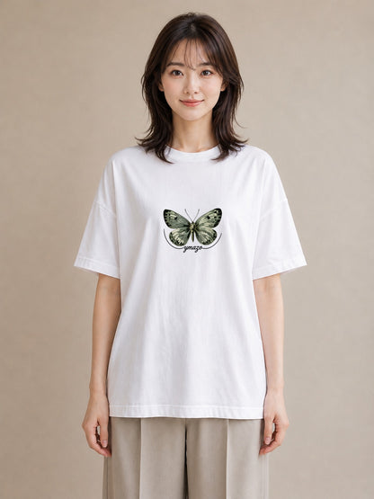 プリントTシャツ レディース ちょうちょ 蝶 バタフライ 昆虫 虫 イラスト 線画 母の日 ビーチ 白T YMAZO