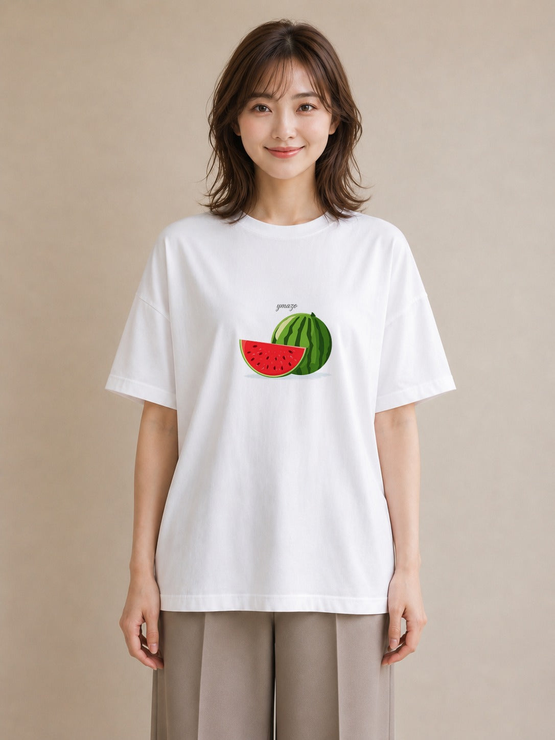 プリントTシャツ レディース すいか 食べ物 フード イラスト ラフカジュアル 在宅 公園 白T YMAZO