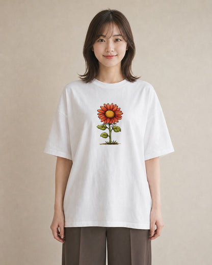 プリントTシャツ レディース ひまわり 向日葵 花 花柄 イラスト カフェコーデ 普段着 週末コーデ 白T