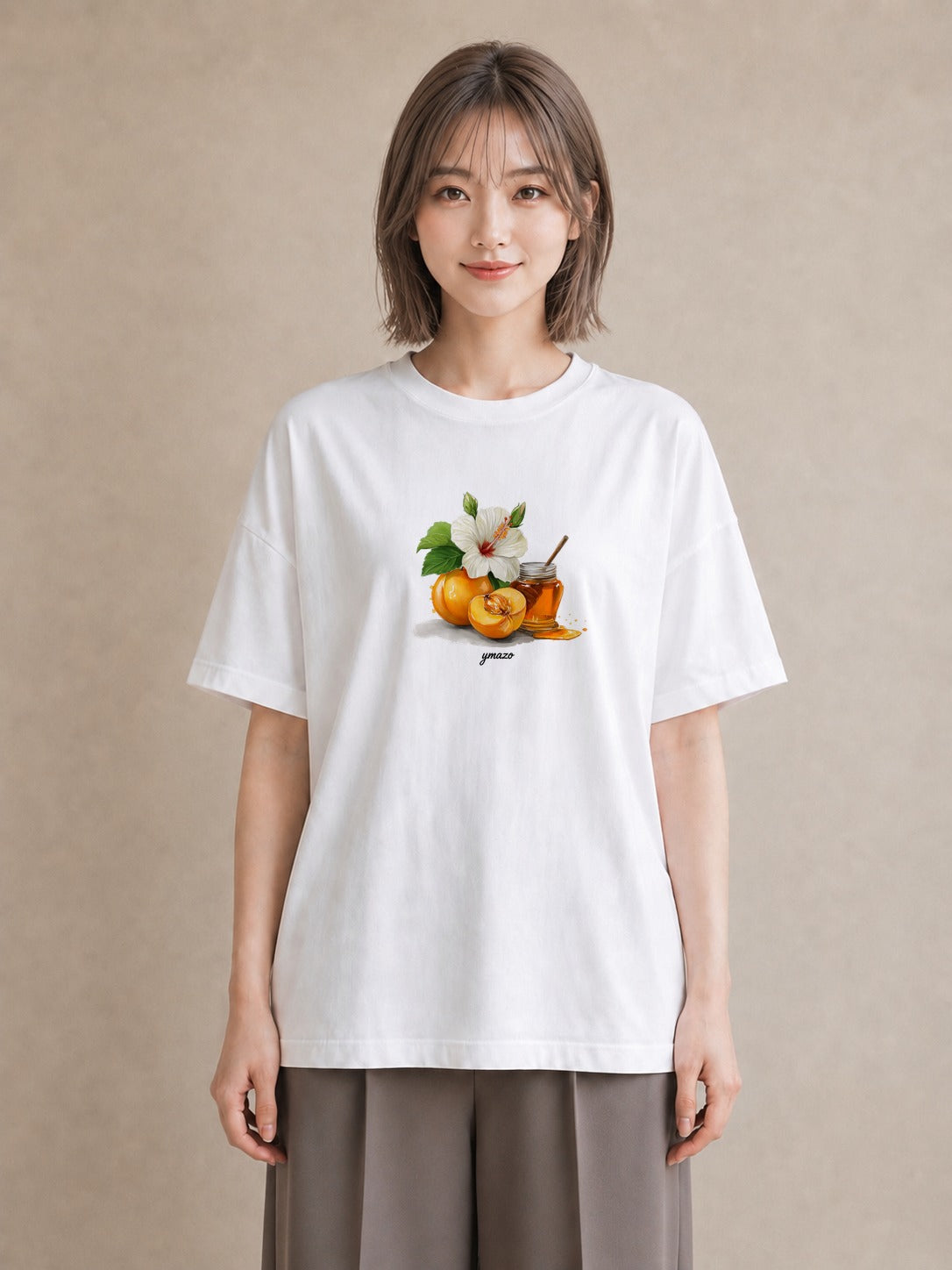 プリントTシャツ レディース はちみつ 食べ物 フード イラスト 線画 夏コーデ 通学 白T YMAZO