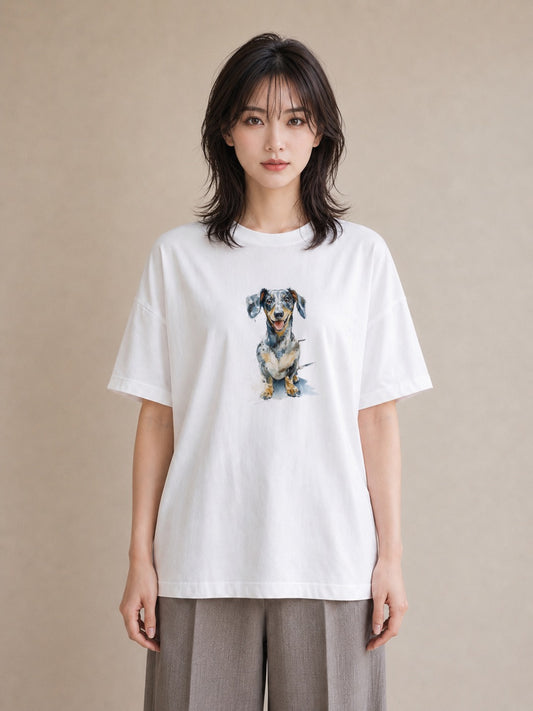 半袖Tシャツ レディース 老犬 犬 いぬ イラスト 北欧風 ママ カフェ服 白T YMAZO