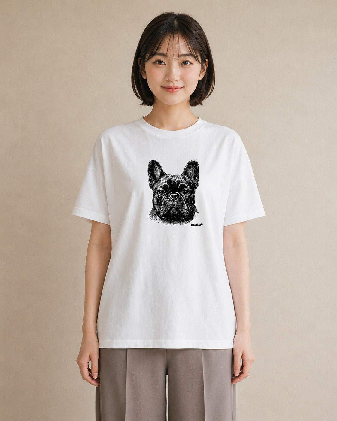 プリントTシャツ レディース フレンチブルドッグ フレブル 犬 いぬ イラスト フェミニン カフェ服 クリスマス 白T YMAZO