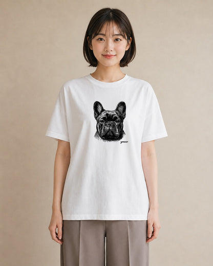 プリントTシャツ レディース フレンチブルドッグ フレブル 犬 いぬ イラスト フェミニン カフェ服 クリスマス 白T YMAZO