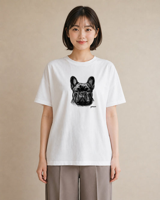 プリントTシャツ レディース フレンチブルドッグ フレブル 犬 いぬ イラスト フェミニン カフェ服 クリスマス 白T YMAZO