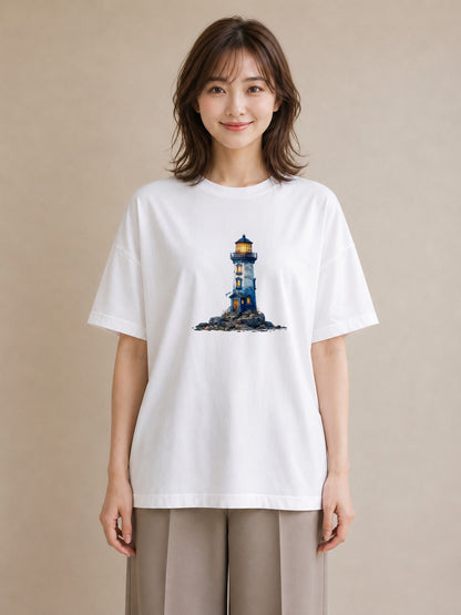 Tシャツ レディース 灯台 霧 海 ナチュラル アンティーク イラスト きれいめ カフェ巡り 女子会 白T YMAZO