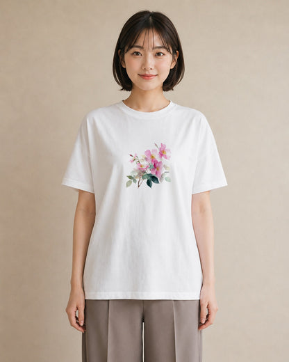 半袖Tシャツ レディース 椿 花 花柄 イラスト 旅行コーデ 週末コーデ 敬老の日 白T