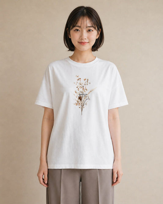 Tシャツ レディース ガラス瓶 小枝 ボタニカル ナチュラル アンティーク イラスト アート風 女性向けギフト 散歩 白T YMAZO