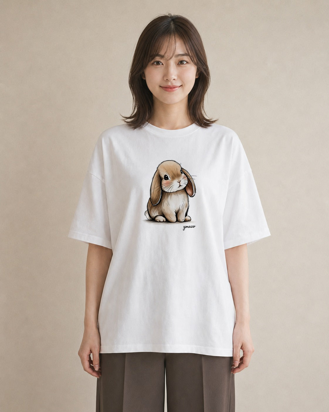半袖Tシャツ レディース ロップイヤー ペット 動物 イラスト カフェコーデ 社会人 女性 白T YMAZO