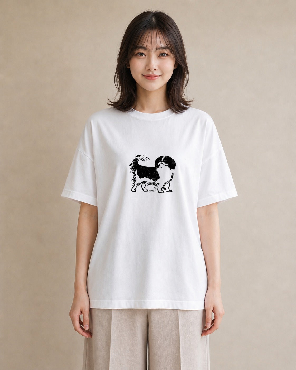 Tシャツ レディース 狆 犬 いぬ イラスト ナチュラル 普段着 週末コーデ 白T YMAZO