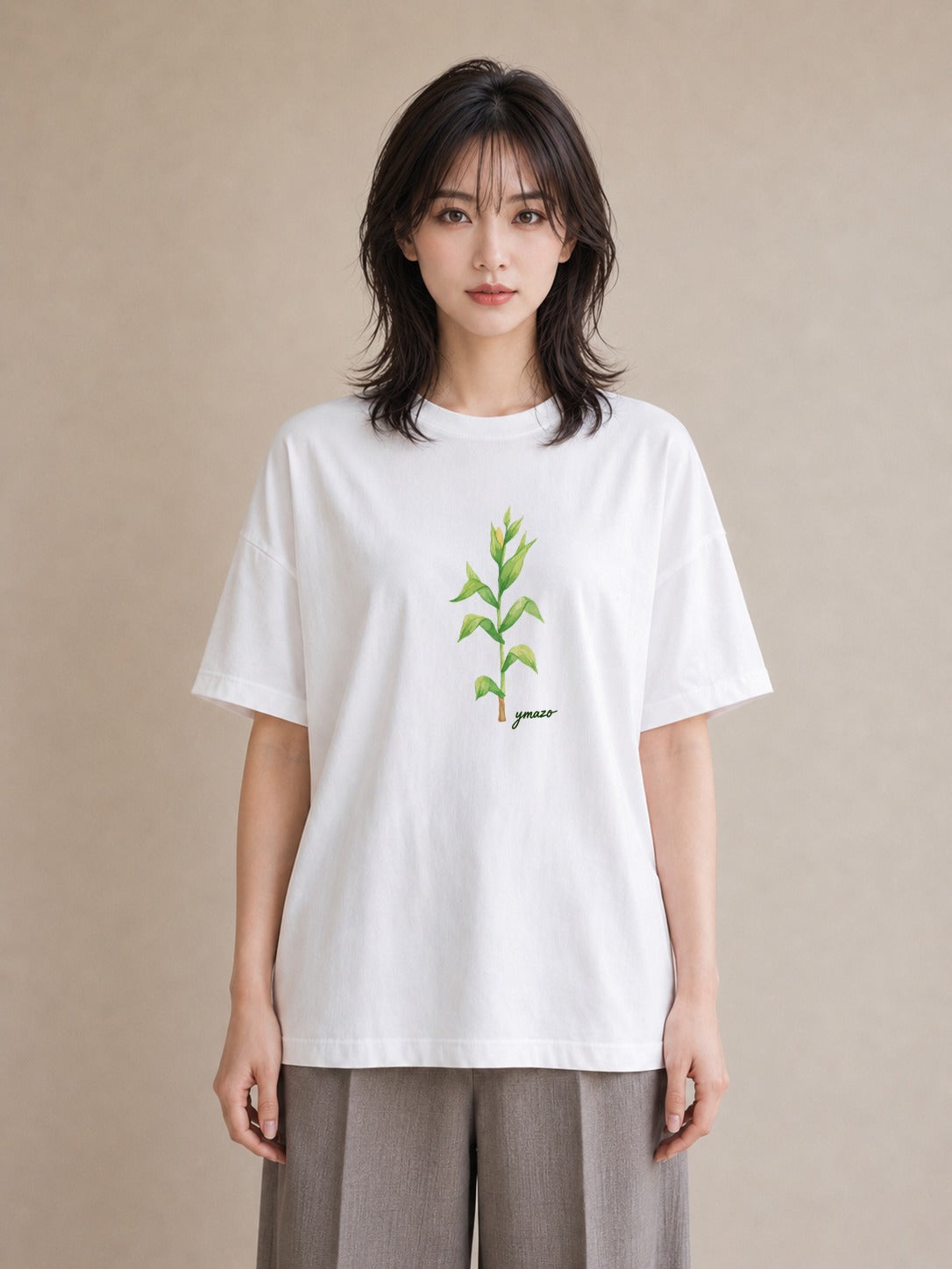 グラフィックTシャツ レディース 芝生 植物 ボタニカル イラスト ナチュラル ラフ レイヤード 白T YMAZO