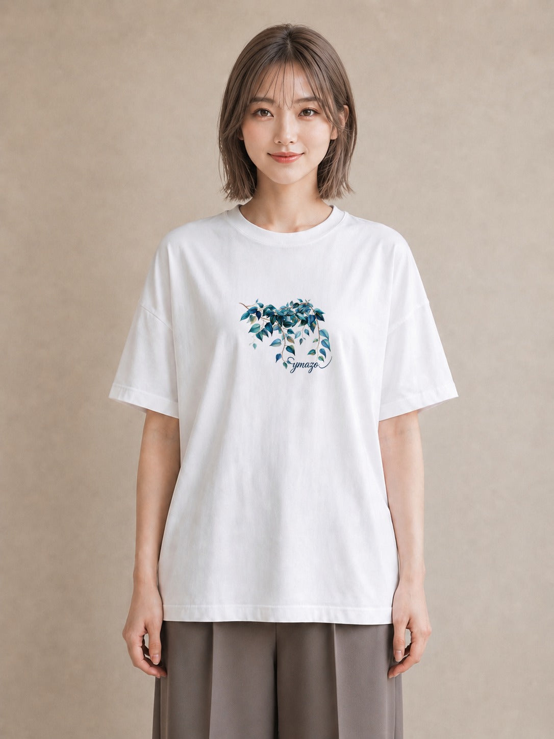 半袖Tシャツ レディース ユーカリ 植物 ボタニカル イラスト きれいめ 公園 ママ 白T YMAZO