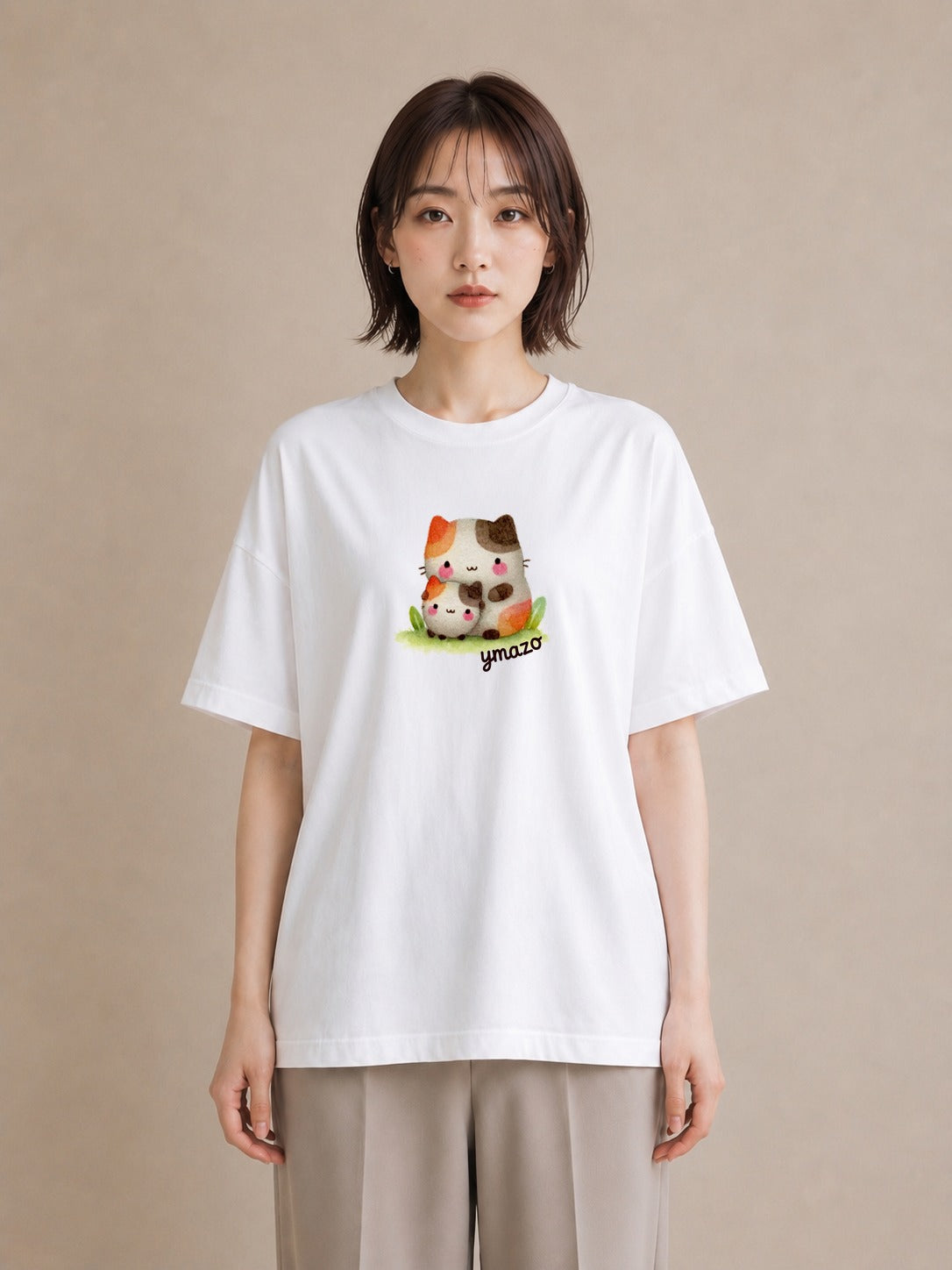 半袖Tシャツ レディース ニャンコ 猫 ねこ イラスト ナチュラル カフェ服 クリスマス 白T YMAZO