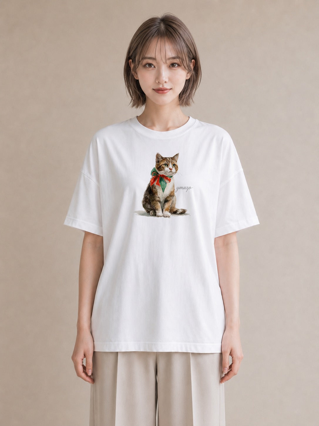Tシャツ レディース 三毛猫 みけねこ 三毛 猫 ねこ イラスト 線画 在宅 公園 白T YMAZO