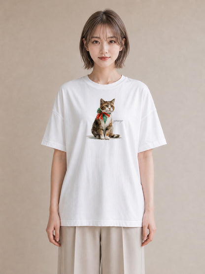 Tシャツ レディース 三毛猫 みけねこ 三毛 猫 ねこ イラスト 線画 在宅 公園 白T YMAZO
