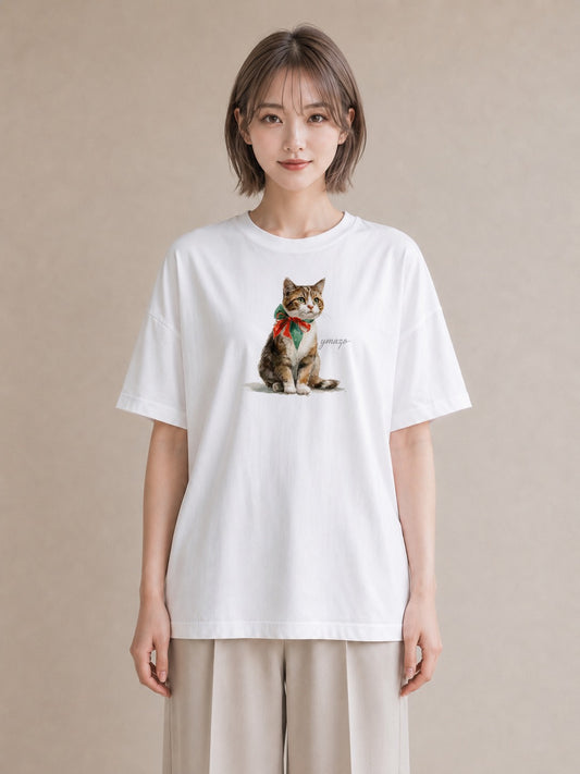 Tシャツ レディース 三毛猫 みけねこ 三毛 猫 ねこ イラスト 線画 在宅 公園 白T YMAZO