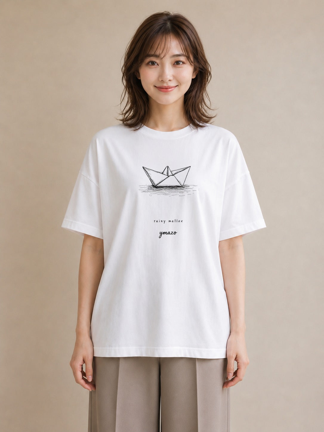 半袖Tシャツ レディース 紙の船 水辺 ナチュラル アンティーク イラスト ポップ 公園 ママ 白T YMAZO