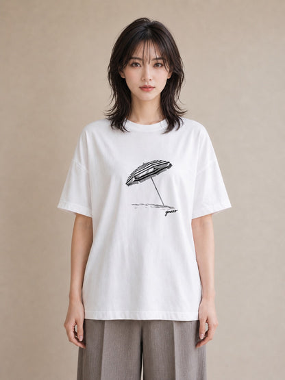 グラフィックTシャツ レディース 傘 水たまり 雨 ナチュラル アンティーク イラスト 韓国風 送別ギフト 通勤 白T YMAZO
